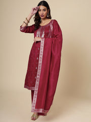 Maroon Women Ethnic Kurti Pant With Dupatta