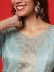 Turquoise Blue Women Ethnic Kurti Pant With Dupatta