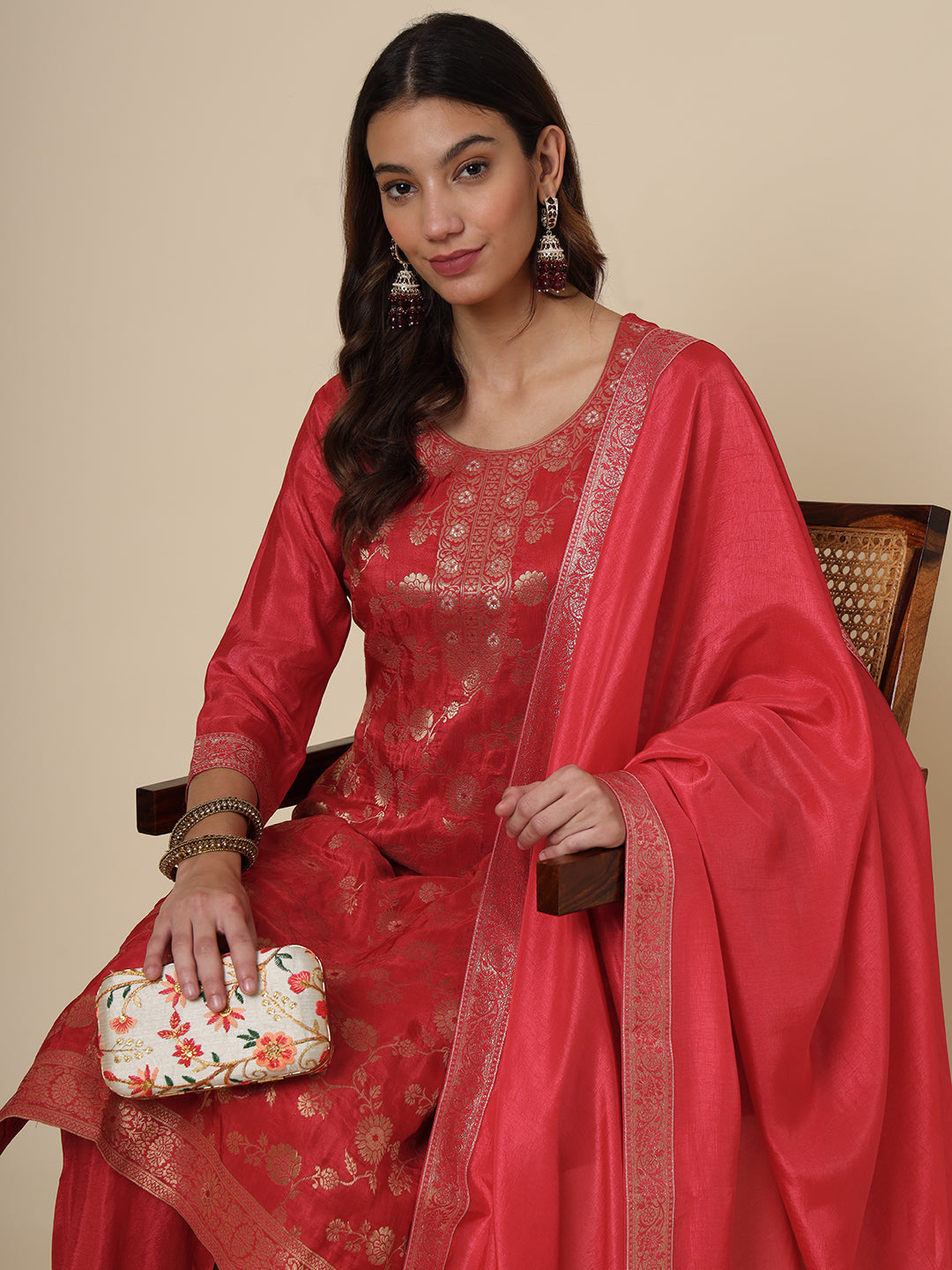 Red Women Ethnic Kurti Pant With Dupatta