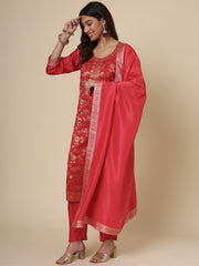 Red Women Ethnic Kurti Pant With Dupatta