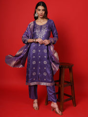 Purple Women Ethnic Kurti Pant With Dupatta