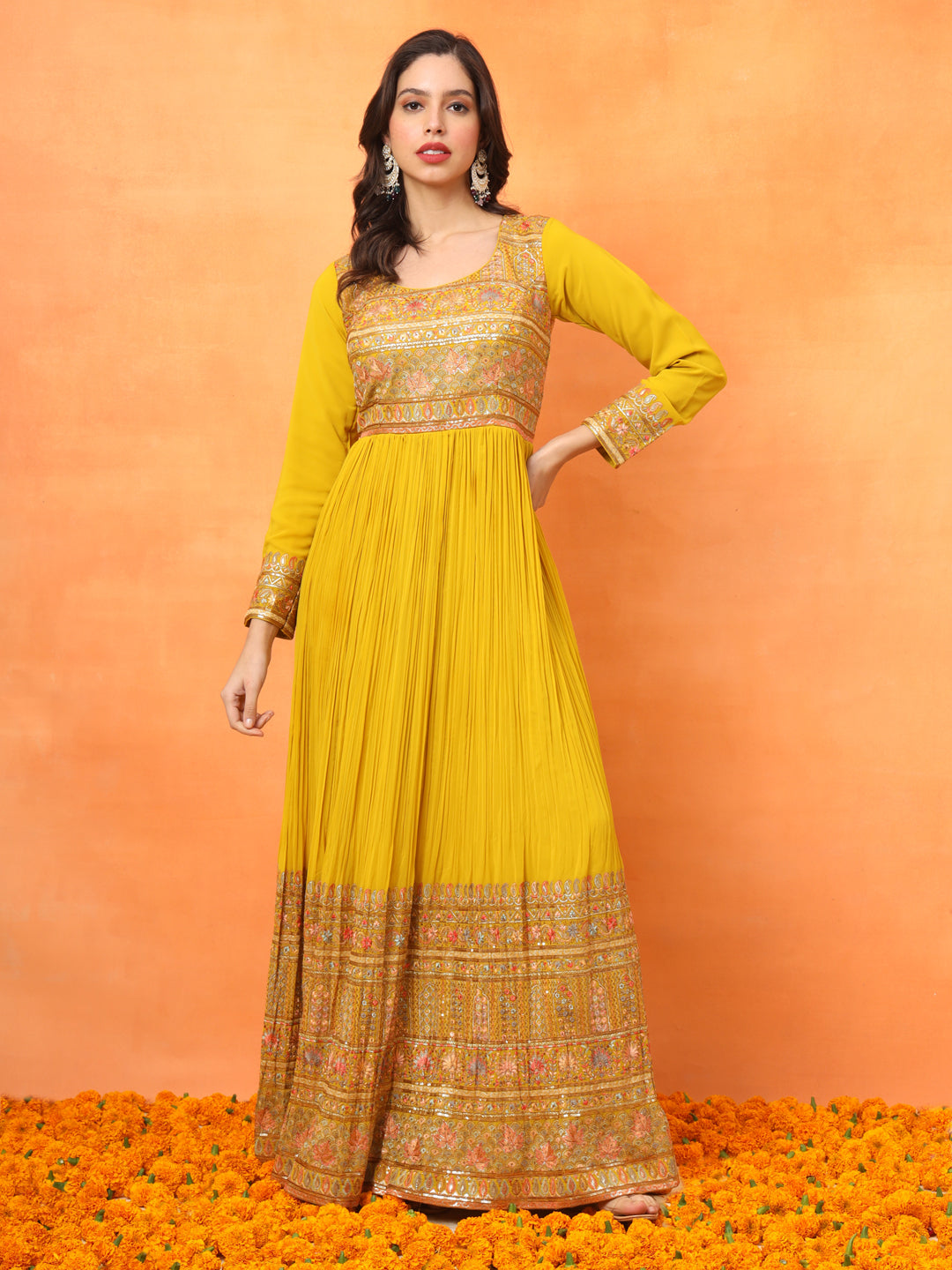 Mustard Embroidered Georgette Ethnic Wear Gown