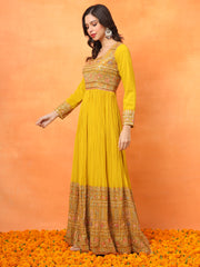 Mustard Embroidered Georgette Ethnic Wear Gown