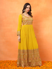 Mustard Embroidered Georgette Ethnic Wear Gown