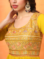 Mustard Embroidered Georgette Ethnic Wear Gown