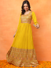 Mustard Embroidered Georgette Ethnic Wear Gown