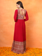 Red Embroidered Georgette Ethnic Wear Gown