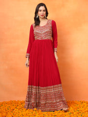 Red Embroidered Georgette Ethnic Wear Gown