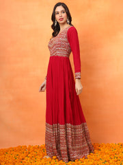 Red Embroidered Georgette Ethnic Wear Gown