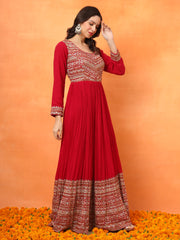 Red Embroidered Georgette Ethnic Wear Gown