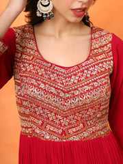 Red Embroidered Georgette Ethnic Wear Gown