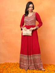 Red Embroidered Georgette Ethnic Wear Gown