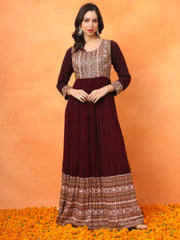 Maroon Embroidered Georgette Ethnic Wear Gown