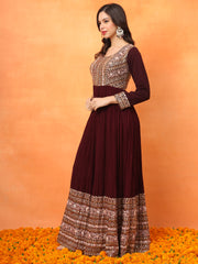 Maroon Embroidered Georgette Ethnic Wear Gown