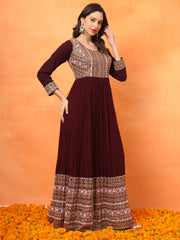 Maroon Embroidered Georgette Ethnic Wear Gown