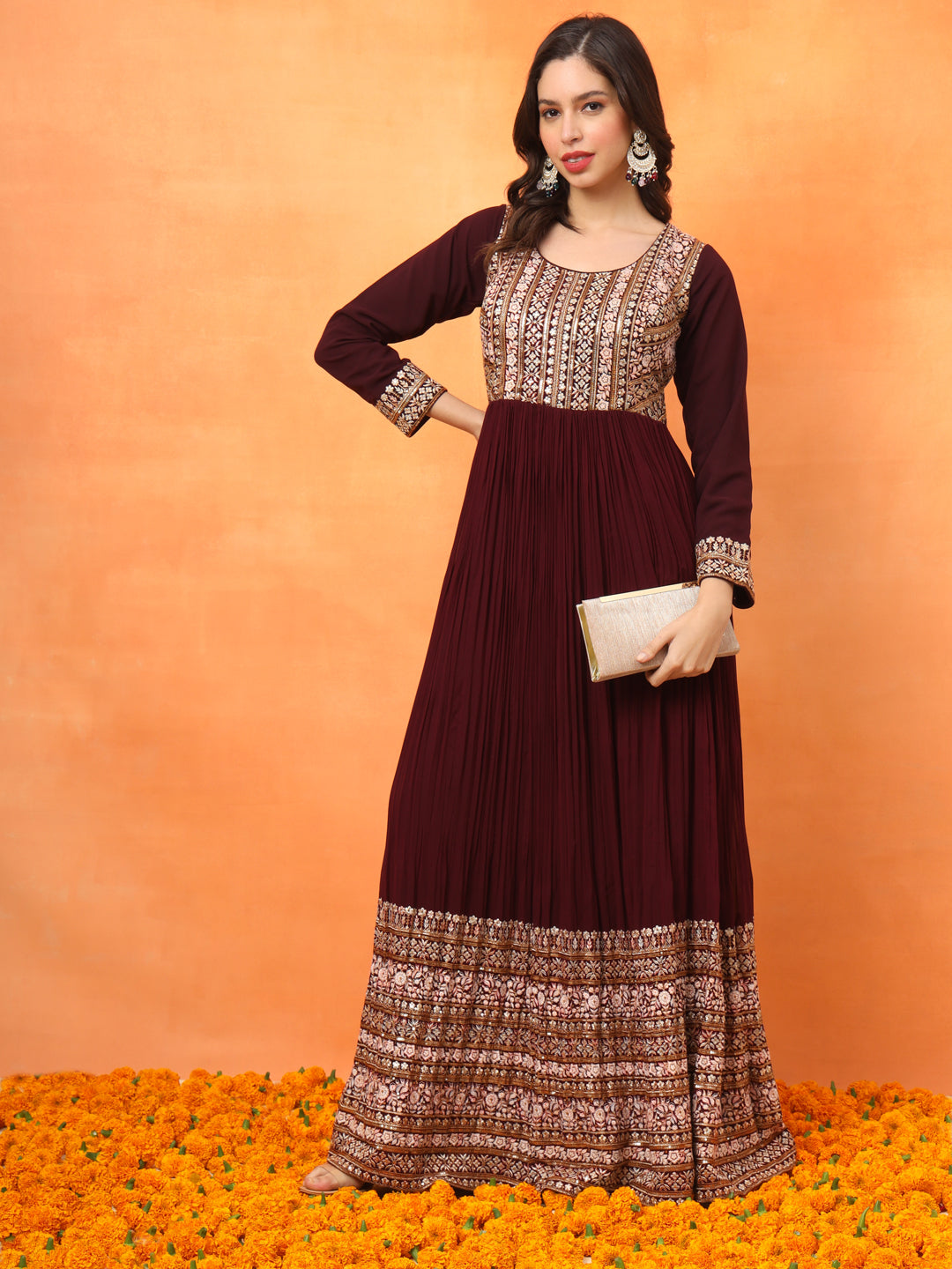 Maroon Embroidered Georgette Ethnic Wear Gown