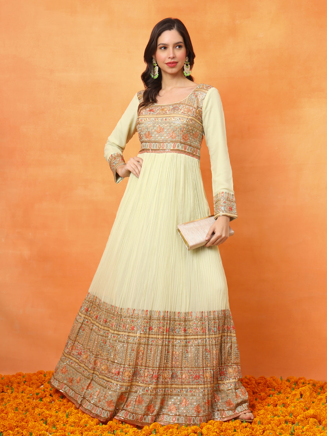 Yellow Embroidered Georgette Ethnic Wear Gown