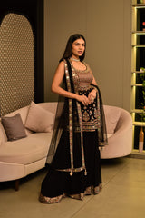 Party Wear Black Tussar Silk Fabric Sharara Suit