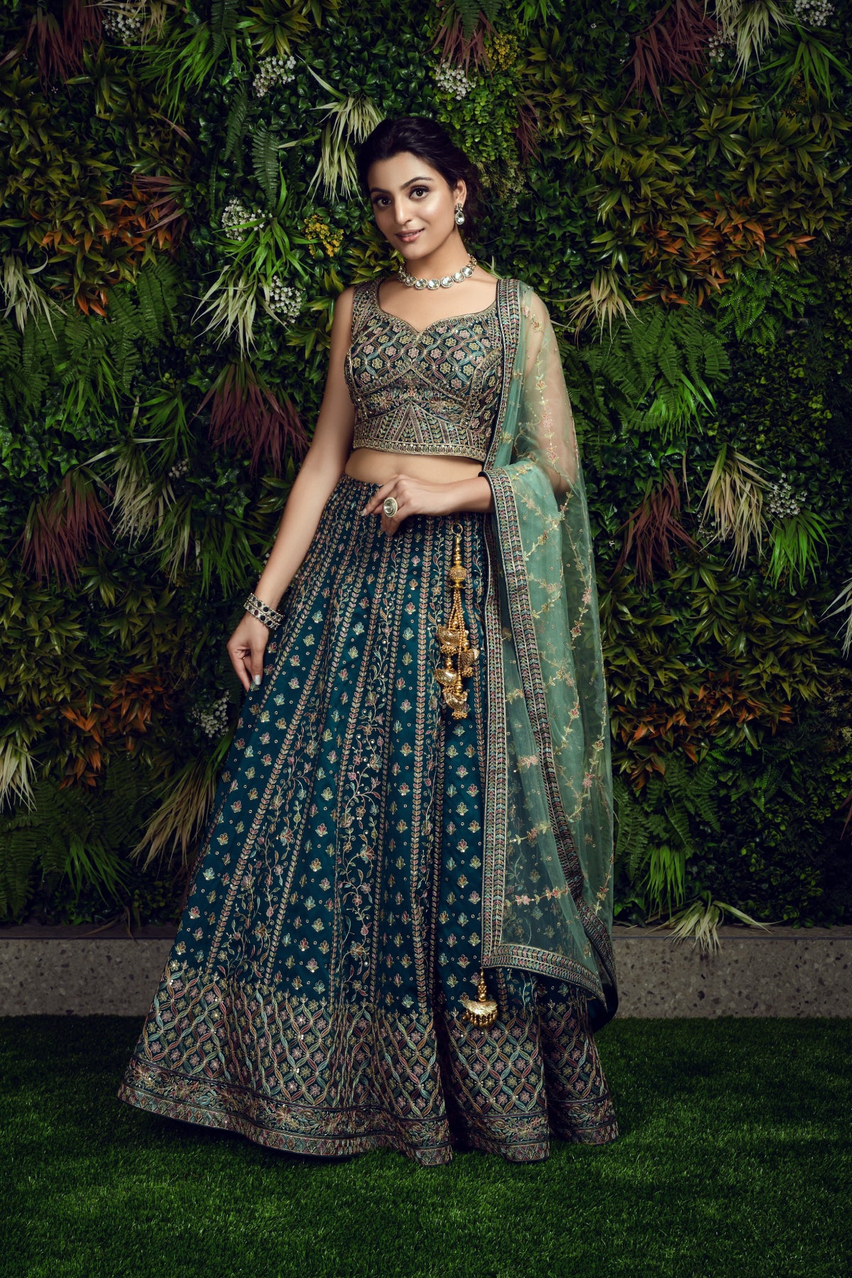 Designer Rama Green Embroidered Lichi Silk Lehenga Choli