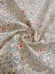 Off White Floral Foil Embroidery Raw Silk Fabrics