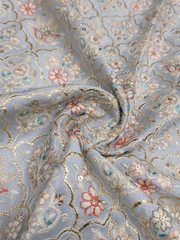 Powder Blue Floral Foil Embroidery Raw Silk Fabrics