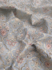 Powder Blue Floral Foil Embroidery Raw Silk Fabrics