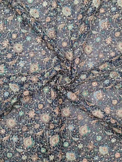 Dark Blue Floral Sequence Embroidery Georgette Fabric