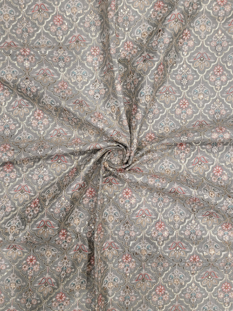Gray Floral Foil Embroidery Raw Silk Fabric