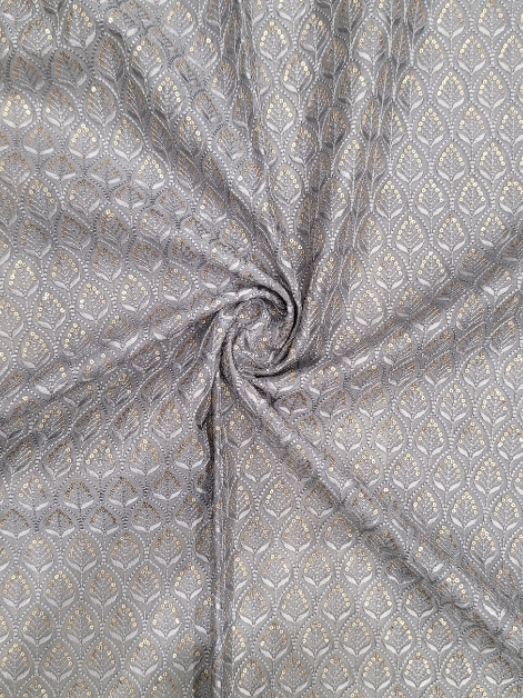 Dark Grey Floral Sequence Embroidery Chanderi Silk Fabric