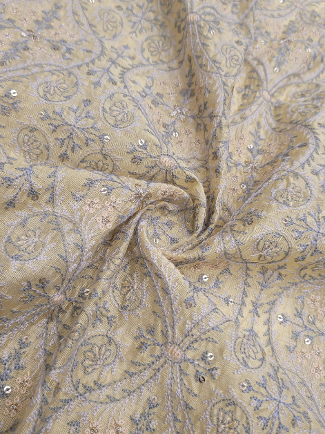Light Yellow Floral Sequence Embroidery Chanderi Silk Fabric