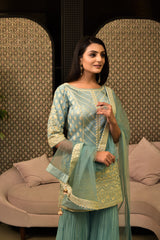 Designer Sky Blue Mulan Silk Fabric Sharara Suit