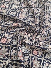 Navy Blue Floral Foil Embroidery Raw Silk Fabric