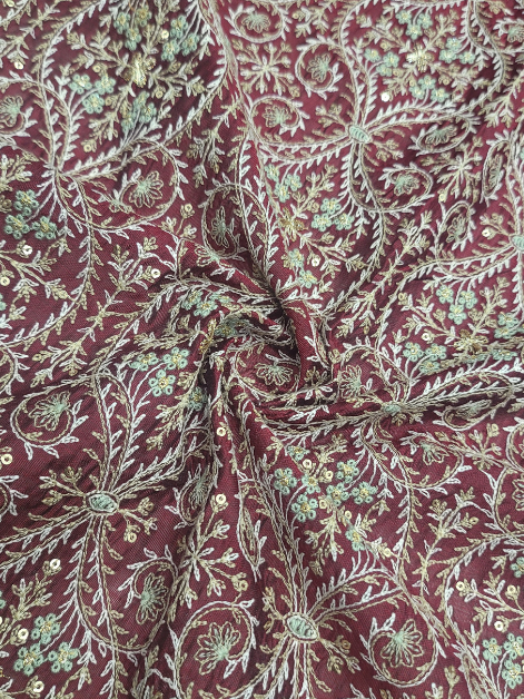 Maroon Floral Sequence Embroidery Chanderi Silk Fabric
