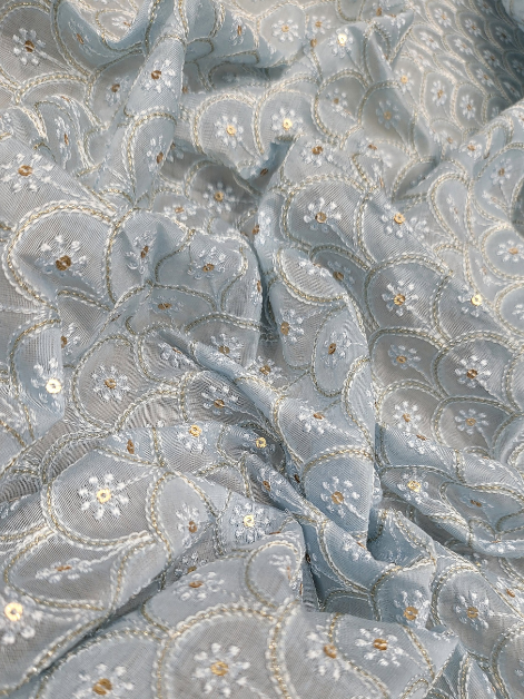 Powder Blue Sequence Embroidery Chanderi Silk Fabric – fabdyor.com