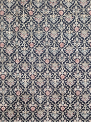 Navy Blue Floral Foil Embroidery Raw Silk Fabric