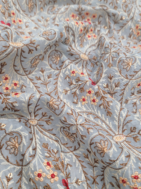 Powder Blue Floral Sequence Embroidery Chanderi Silk Fabric