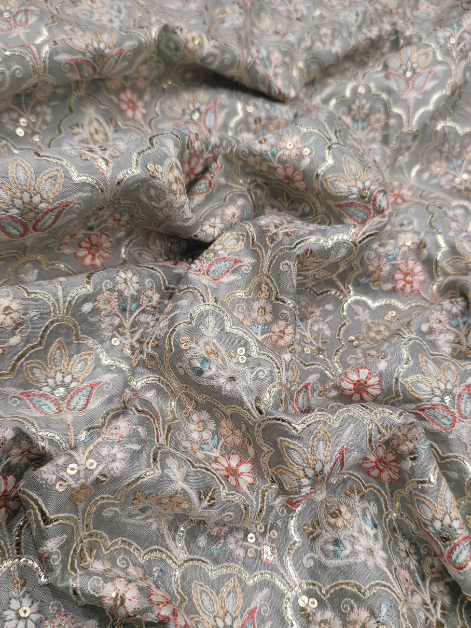 Gray Floral Foil Embroidery Raw Silk Fabric
