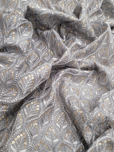 Dark Grey Floral Sequence Embroidery Chanderi Silk Fabric