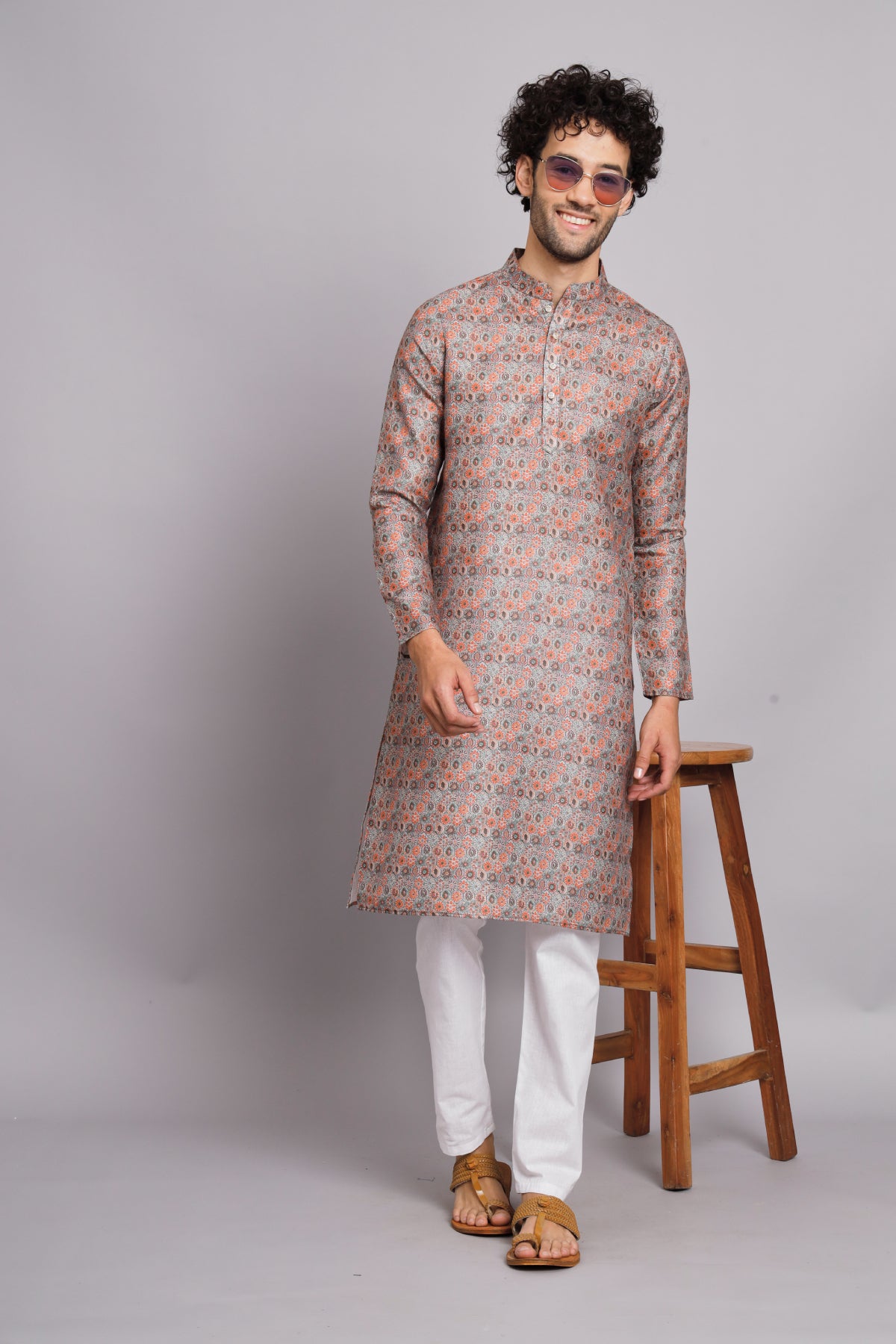 Launching Light Gray Floral Digital Print Linen Fabrics Men's Kurta