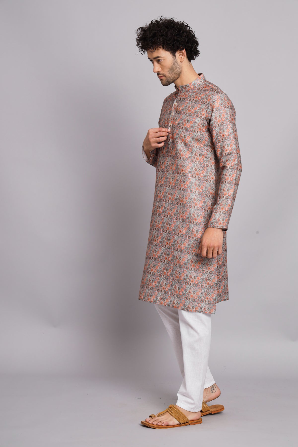 Launching Light Gray Floral Digital Print Linen Fabrics Men's Kurta