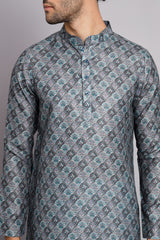 Cadet Blue Floral Digital Print Linen Fabrics Men's Kurta