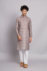 Exclusive Light Gray Floral Digital Print Linen Men's Kurta