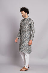 Classic Cadet Blue Digital Print Linen Kurta