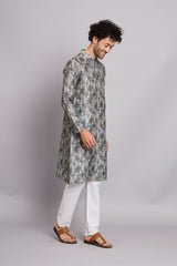 Classic Cadet Blue Digital Print Linen Kurta