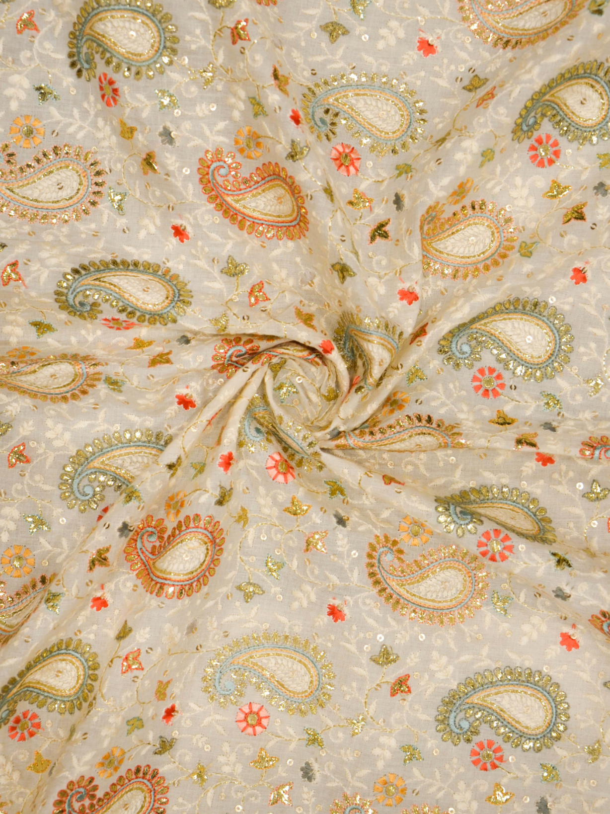 Floral White Sequence Embroidery Dyeable Cotton Fabric