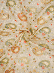 Floral White Sequence Embroidery Dyeable Cotton Fabric