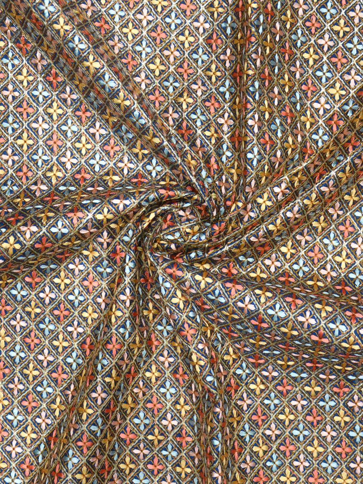 Dark Blue Sequence Small Checks Embroidery Chanderi Silk Fabric