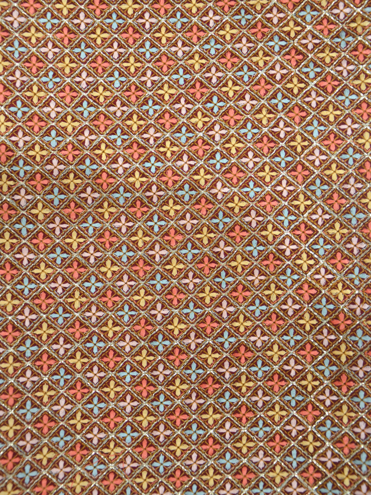 Maroon Sequence Small Checks Embroidery Chanderi Silk Fabric