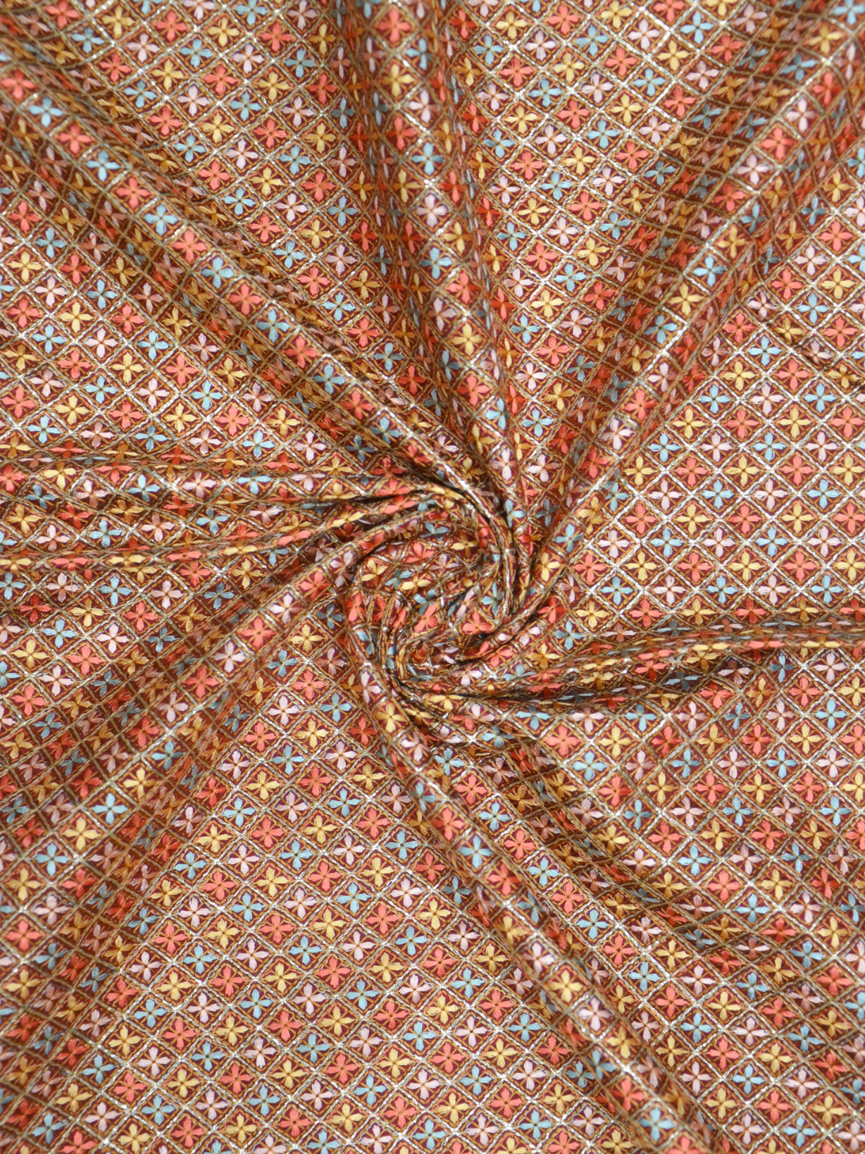 Maroon Sequence Small Checks Embroidery Chanderi Silk Fabric