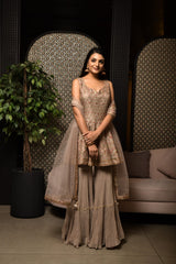 Tan Gnocchi Silk Embroidered Worked Sharara Suit